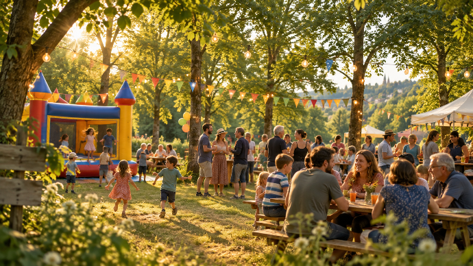 Illustration d’une fête de quartier à Géronsart avec familles, repas champêtre et château gonflable